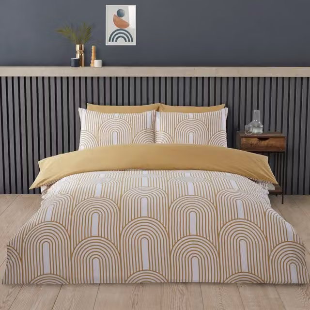 Rapport Home Arches Geometric Polycotton Duvet Set with Pillowcase in Yellow and Blue, W/D/H: 200 x 200 cm, Pillowcase: 50 x 75 cm