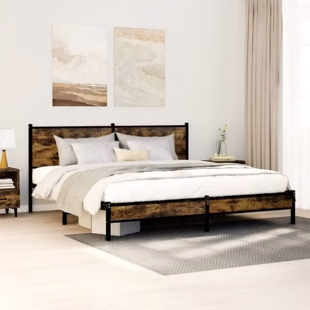 Berkfield Home Metal Bed Frame in Smoked Oak Brown, W/D/H: 160 x 200 cm