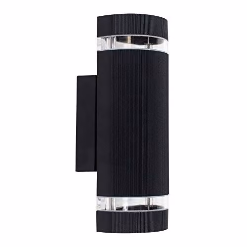 MiniSun Pair of 2 Modern Black Aluminium and Glass Curved Up and Down Outdoor Wall Lights with Warm White LED Bulbs, IP54 Rated