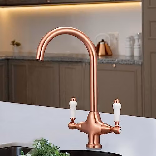 Nes Home Antique Copper and White Ceramic Handle Twin Lever Kitchen Mixer Tap with Swivel Spout in Silver – 1