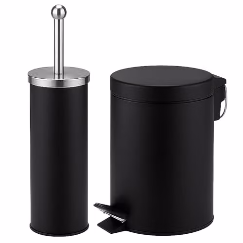 iTrend 3L Black Pedal Dustbin and Toilet Brush Set with Holder, Made from Powder Coated Steel and Stainless Steel