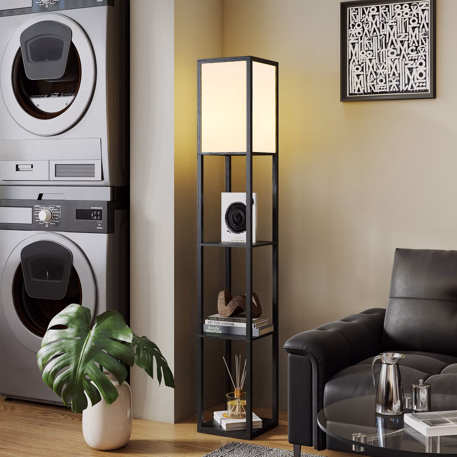 HOMCOM Modern Black Floor Lamp with 3-Layer Shelves for Living Room, Bedroom or Office, H 160 x W 26 x D 26 cm – 7