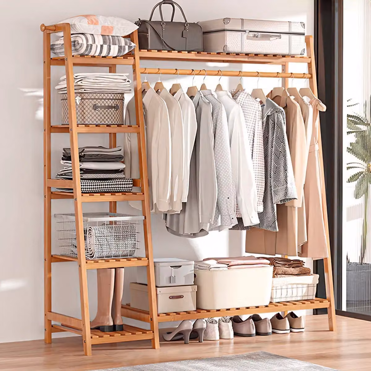 Living and Home Multi-Functional 7-Tier Bamboo Garment Clothes Rack and Storage Shelf in Brown – 4