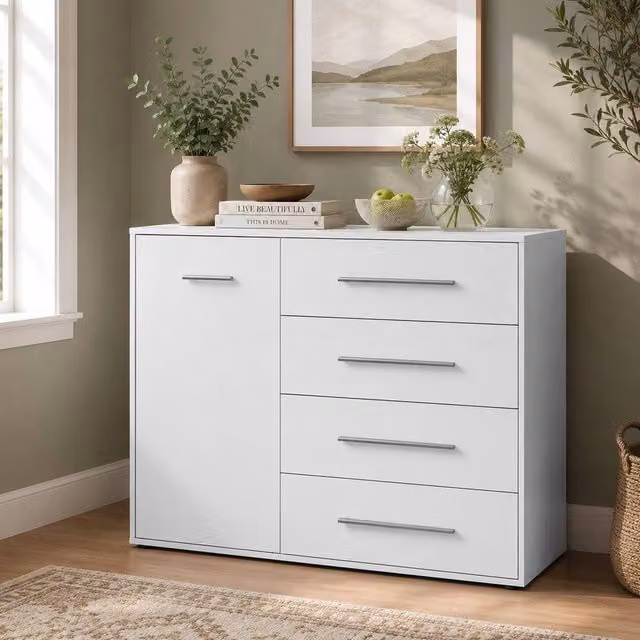 KDMD Jesmond Modern White Up Chest with 1 Door and 4 Drawers