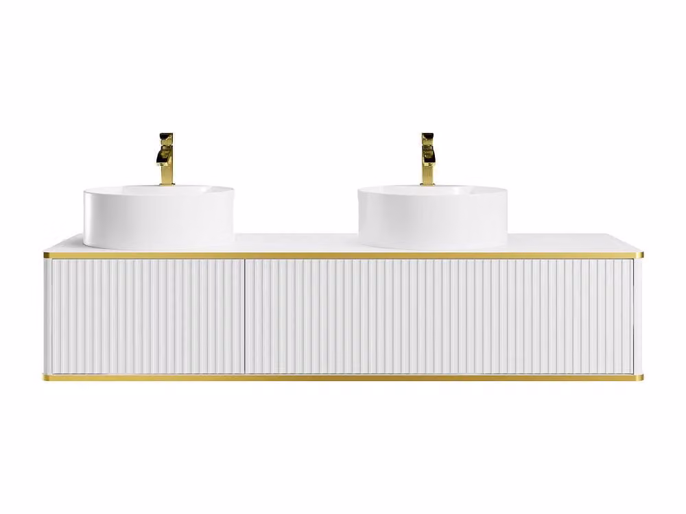 Vente-unique Suspended Grooved Bathroom Cabinet with 2 Drawers and Gold Trim, White and Gold – 2