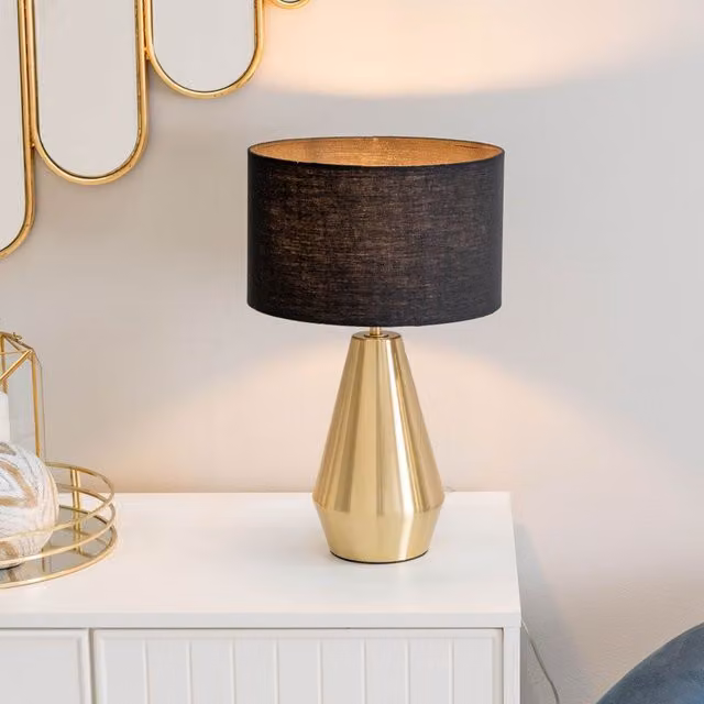 ValueLights Jax Antique Brass Dimmable Touch Table Lamp with Black Fabric Drum Shade and LED Bulb – 1