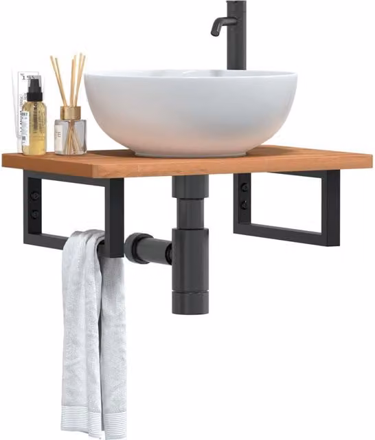 Berkfield Home Wall Mounted Basin Shelf in Brown Steel and Solid Beech Wood – 1