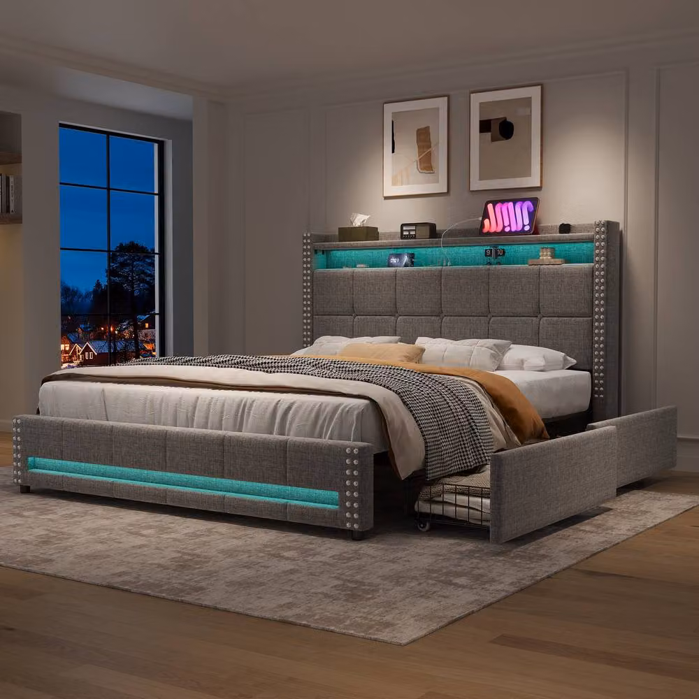 Rolipo Grey Upholstered Double Storage Bed with LED Lights and USB Ports, W/D/H: 140 x 200 cm – 2