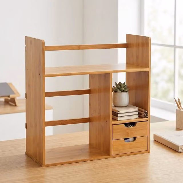 STILVORA Bamboo Desk Organiser with 2 Drawers and 2-Tier Rotating Storage in Beige – 1
