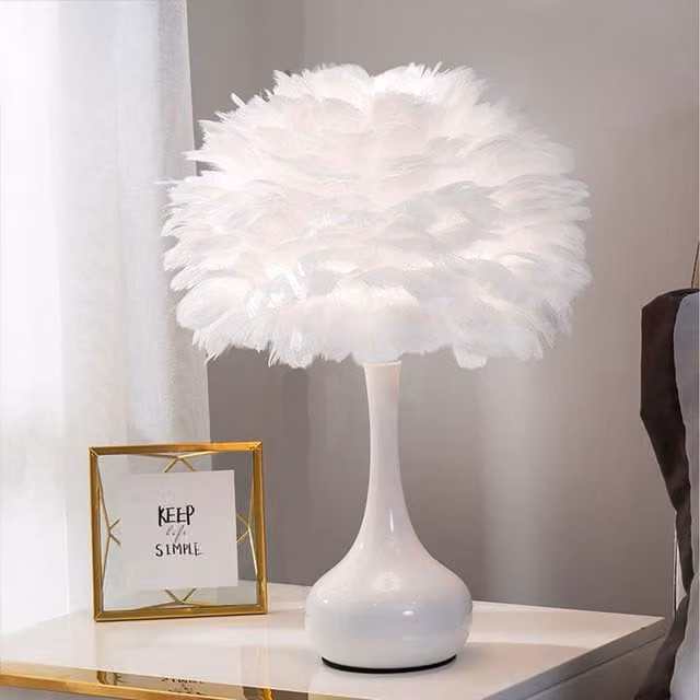 Komore White Ceramic Bedside Table Lamp with Feather Shade