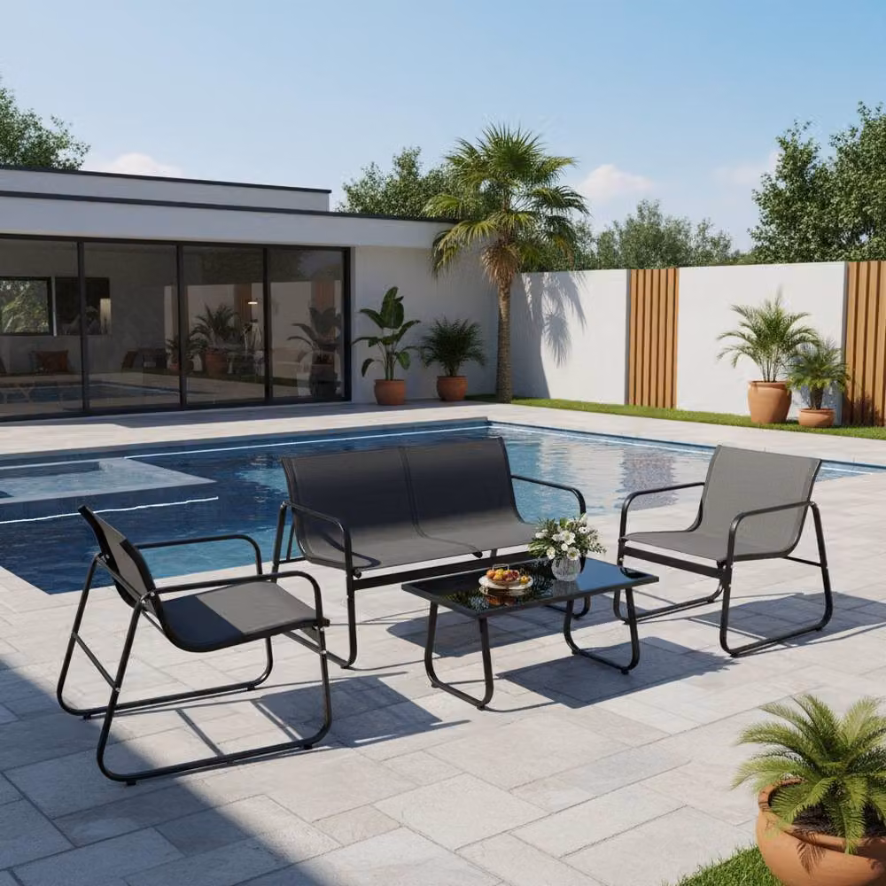 Costway 4-Piece Outdoor Furniture Set in Black with Metal Frame, Upholstered Cushions, 2-Seater Sofa, Armchairs and Coffee Table – 4