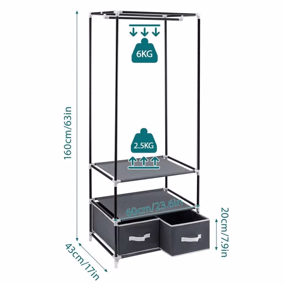 SPETLEK Portable Single Wardrobe in Grey with Integrated Drawers and Hanging Rod, H 160 x W 60 x D 43 cm – 2