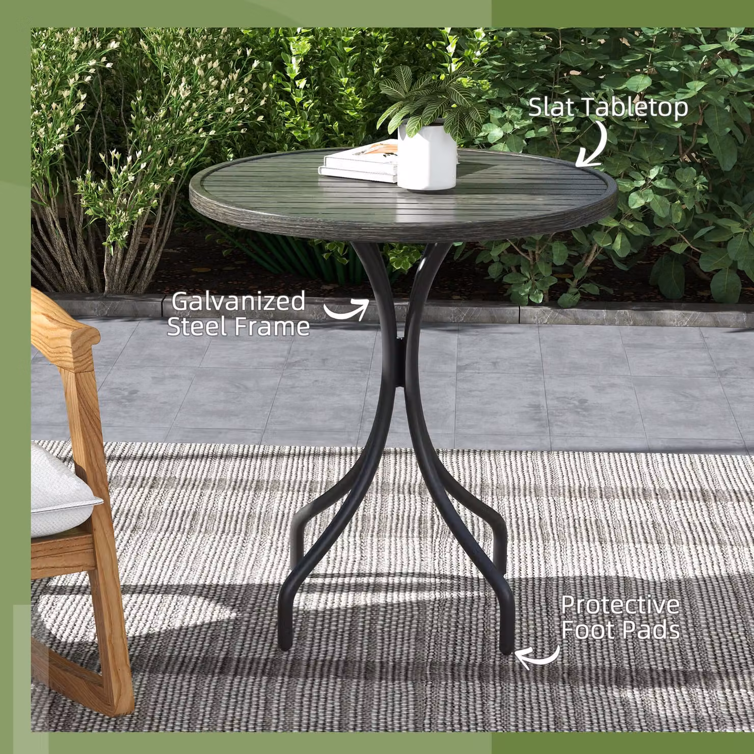 Outsunny Round Garden Side Table with Steel Frame and Grey Wood Grain Slat Tabletop, Diameter: 66 cm – 4