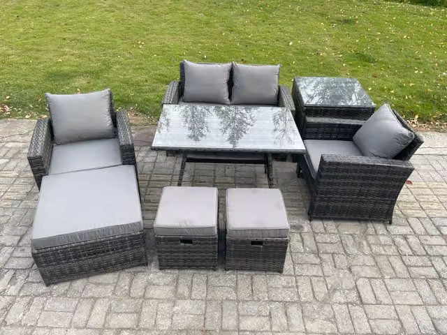 Fimous Rattan Wicker Garden Furniture Set in Dark Grey with Rectangular Dining Table, Armchair, 3 Footstools and Side Table