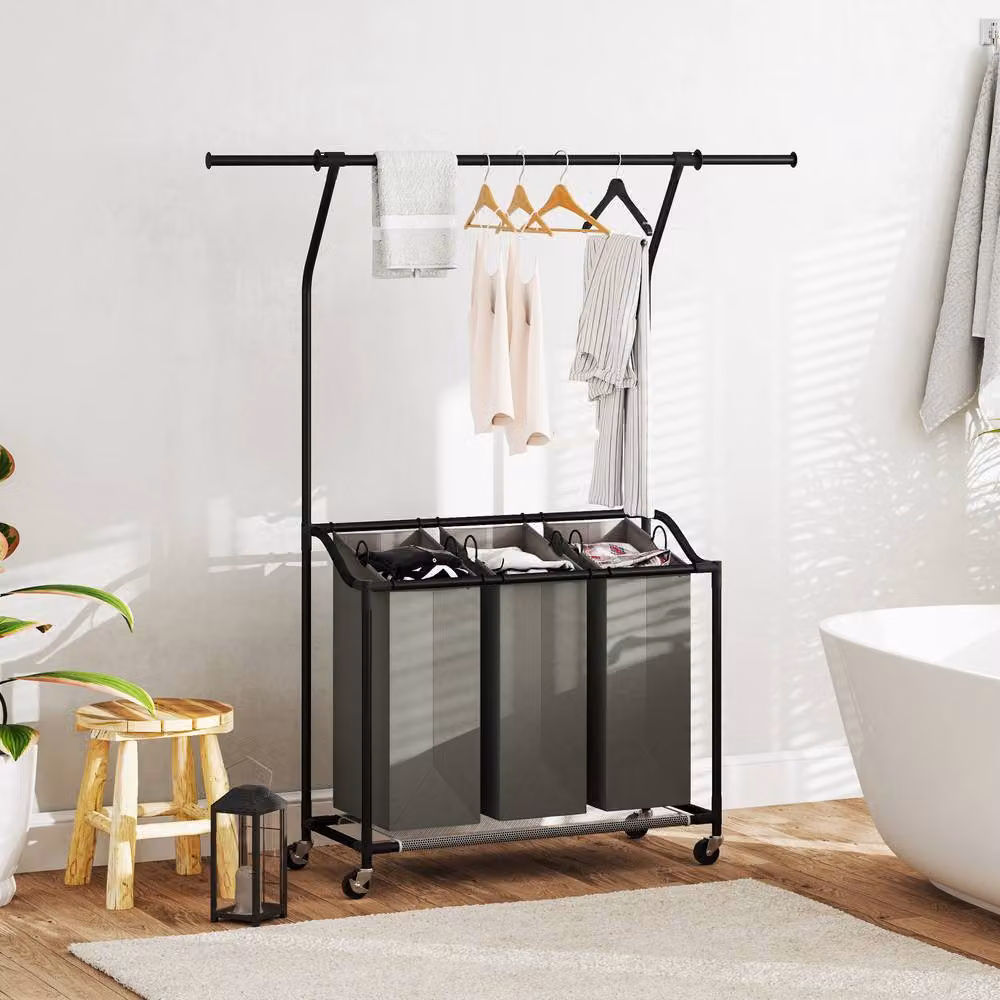 STILVORA Laundry Basket Unit with Hanging Rail and 3 Baskets in Grey – 2