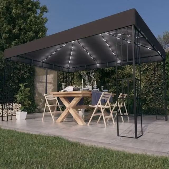 Berkfield Home Gazebo with LED String Lights, Anthracite and Black, W: 4.0 m, D: 3.0 m