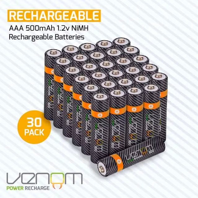 Venom 500mAh Rechargeable AAA Batteries, 30-Pack, Black