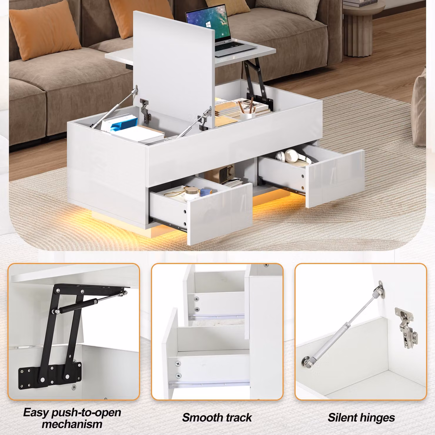 Aosom UK White High-Gloss Lift-Top Coffee Table with App-Controlled RGB LED Lights and Hidden Compartment, W: 100 cm, D: 45 cm, H: 43 cm – 4