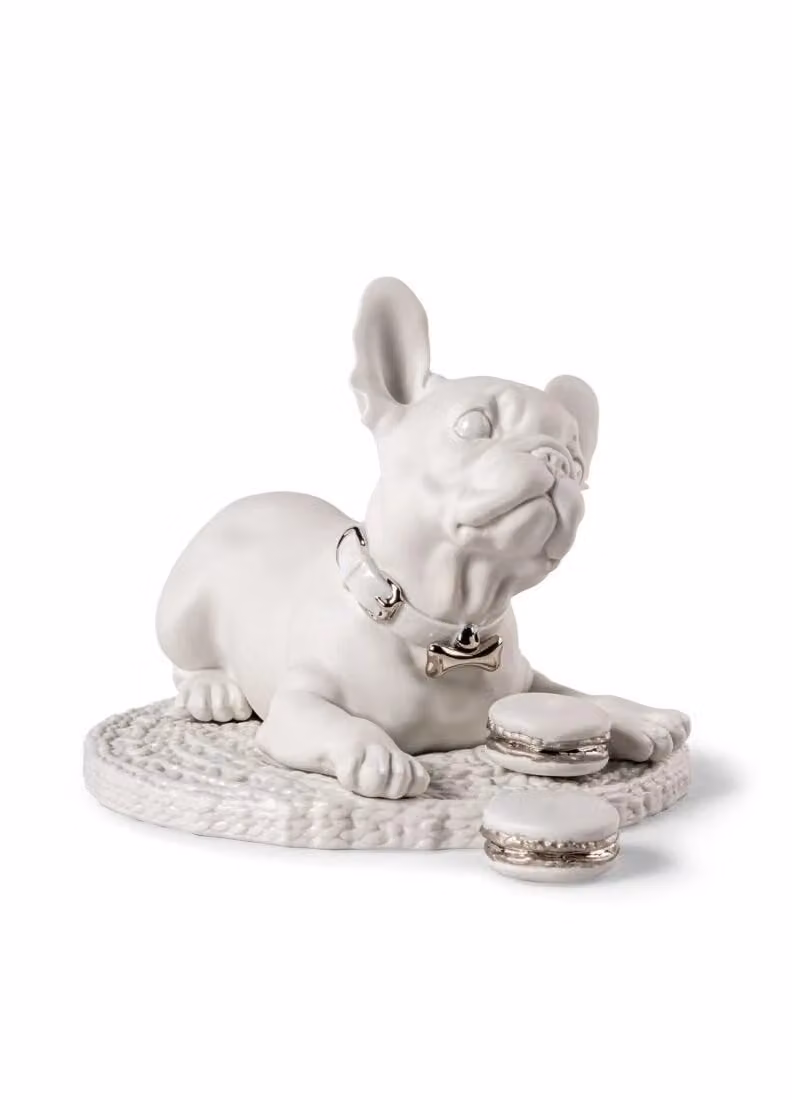 Lladró French Bulldog with Macarons White Porcelain Sculpture
