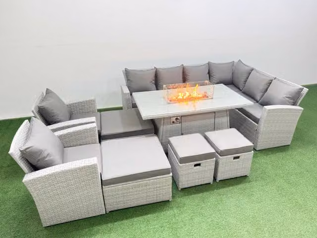 Fimous Light Grey Rattan Garden Furniture Set with Corner Sofa, Chairs and Stools