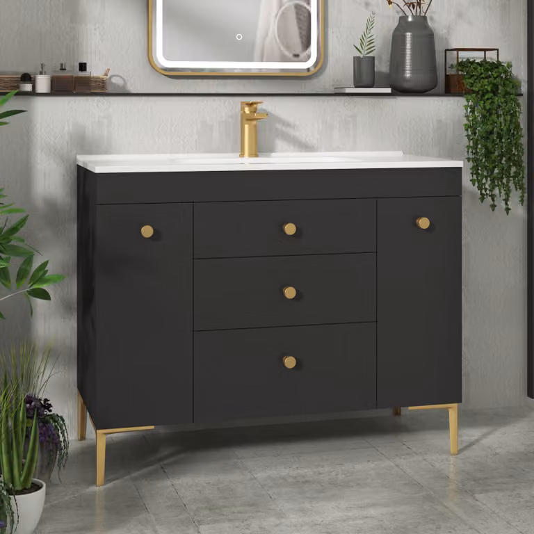 Royal Bathrooms Verona 1000mm Matt Black Floor Standing Vanity Unit with 3 Drawers, Dual Side Pull Out Storage and Ceramic Basin with Brushed Brass Knob