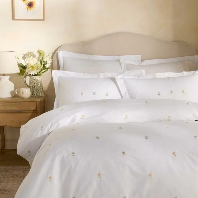 Sophie Allport White Cotton Percale Embroidered Sunflower Duvet Cover Bedding Set
