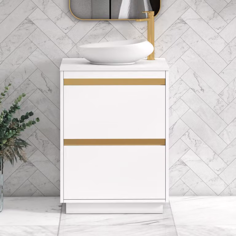 Royal Bathrooms Orion 600mm Matt White Floor Standing 2 Drawer Vanity Unit with Nova Basin and Brushed Brass Accent Trim