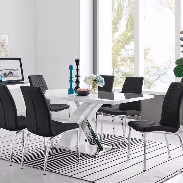 FurnitureboxUK Atlanta Modern Rectangular High Gloss White Dining Table and 6 Black Isco Chairs Set