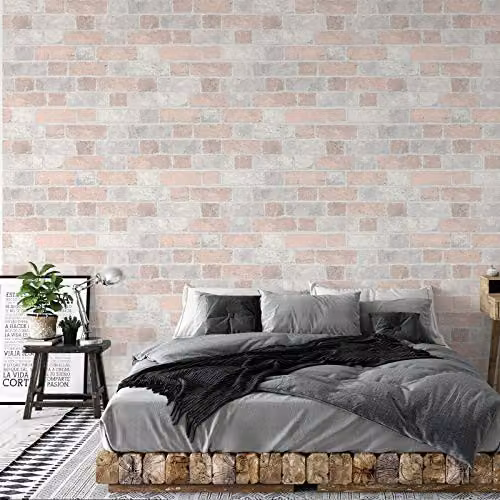 Muriva Kinsley Rustic Brick Wall Effect Stone Wallpaper in Pink and Grey – 2