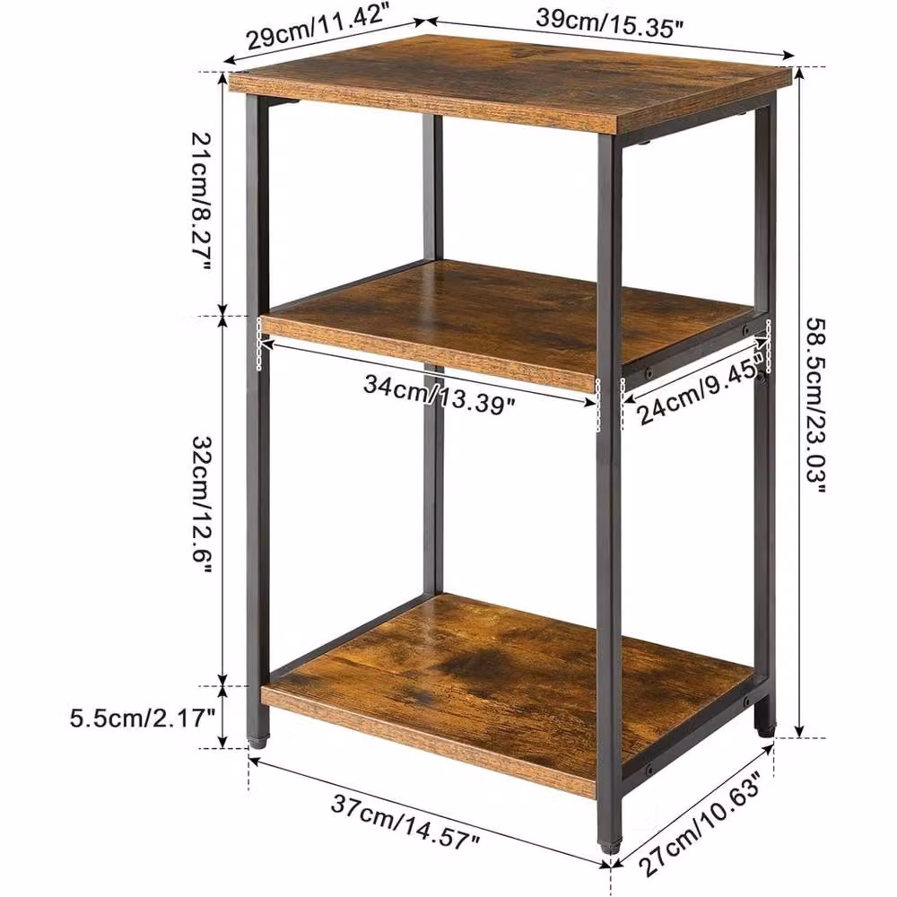 VOGREX Brown 3-Tier Industrial End Table with Steel Frame and Wood Finish – 2