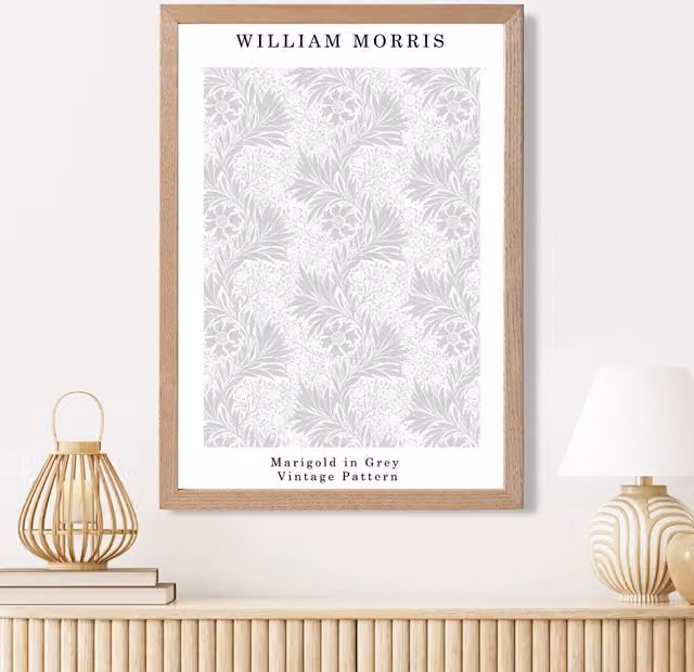 ARTZE William Morris Marigold Floral Art Print in Grey with Oak Frame, A3 – 1