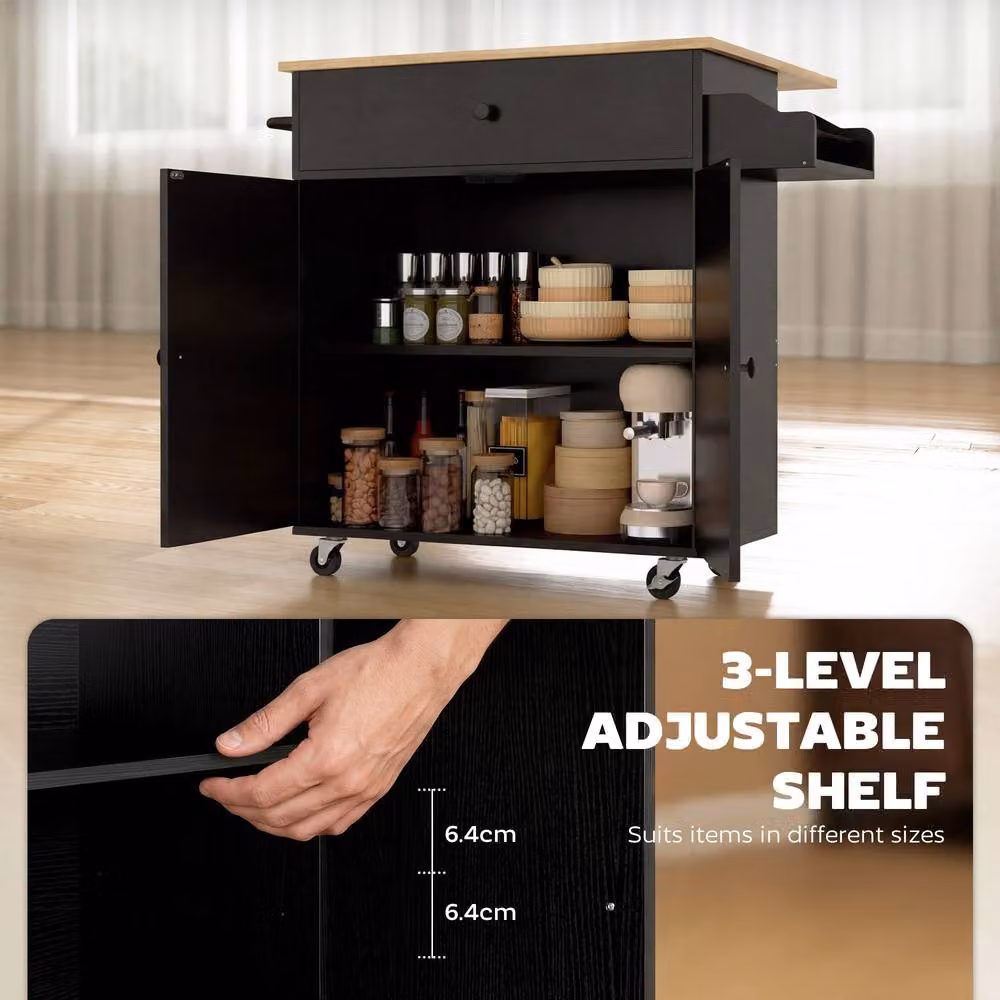HOMCOM Black Kitchen Island with Drop Leaf and Rolling Storage Trolley – 4