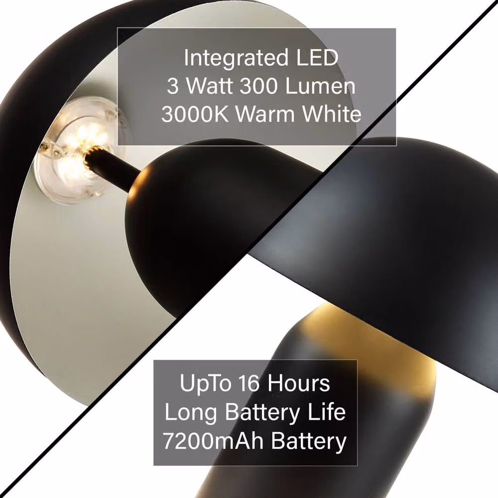 Happy Homewares Modern Rechargeable Mushroom Table Lamp with Touch Dimmer in Black, Height: 25.4 cm – 4