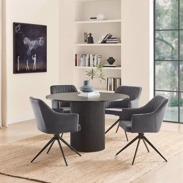 FurnitureboxUK Penrose Black Round Dining Table and 4 Calla Multicolour Velvet Swivel Chairs, Diameter: 120 cm