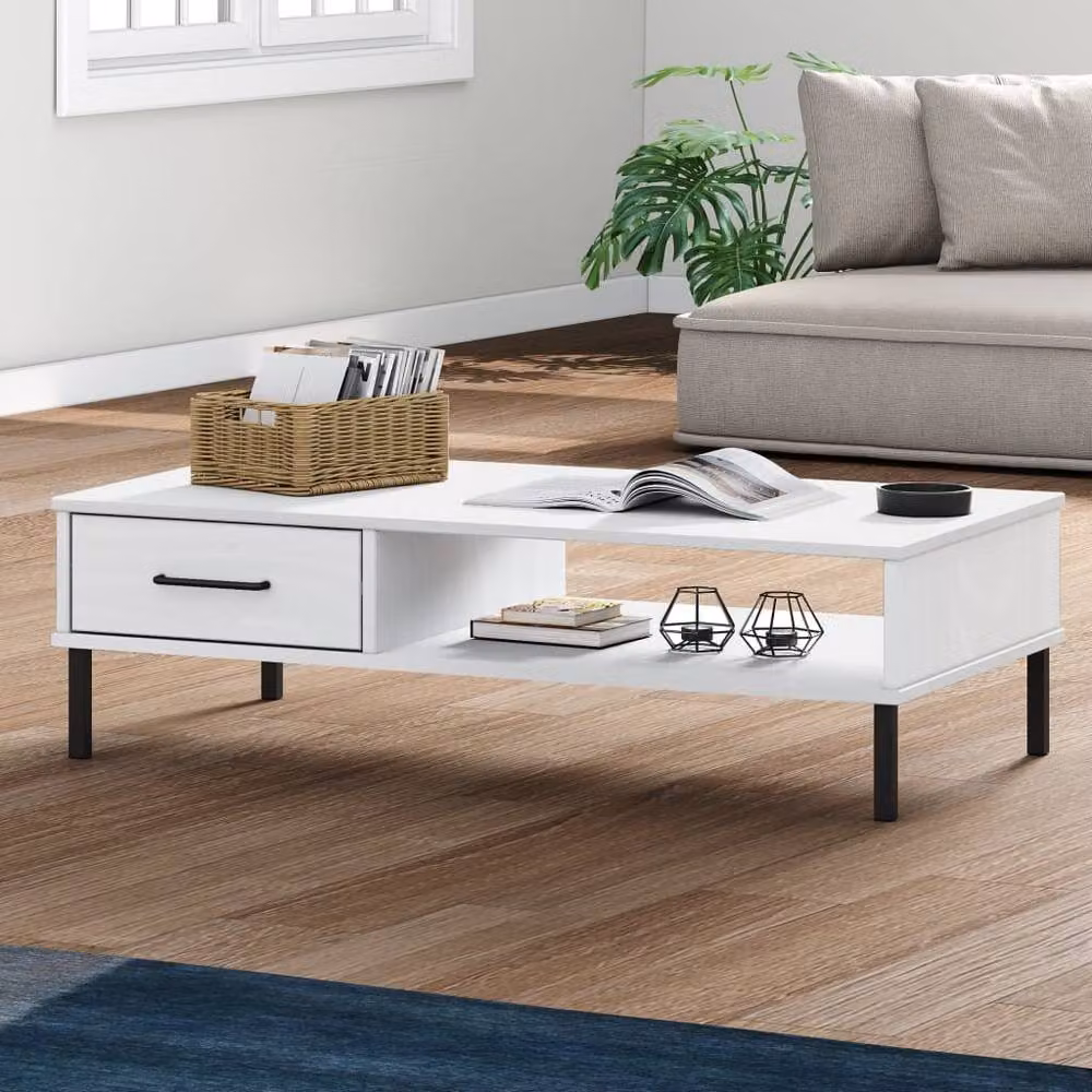 Berkfield Home Oslo Rectangular Coffee Table in White Solid Pine Wood with Metal Legs – 2