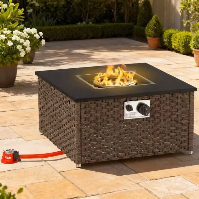 ERGOVEXA Rattan Gas Fire Pit Table, Grey, W/D/H: 58 x 58 x 33 cm