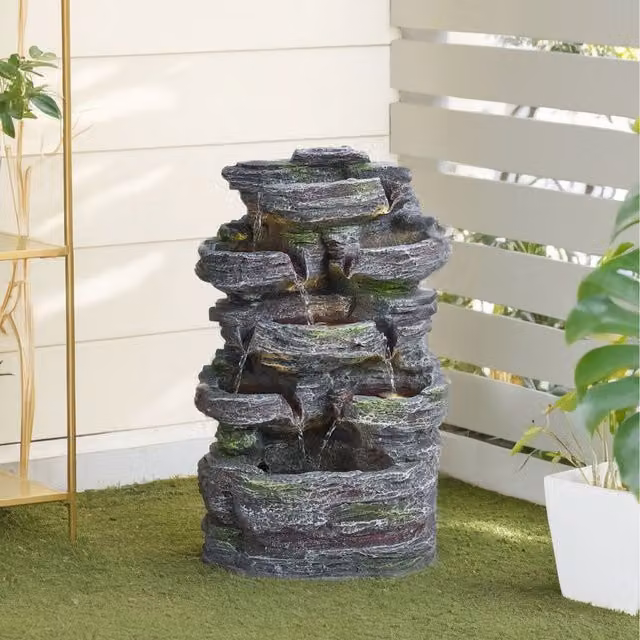 Lifeideas Solar Faux Rock Cascade Garden Fountain with LED Lights in Grey