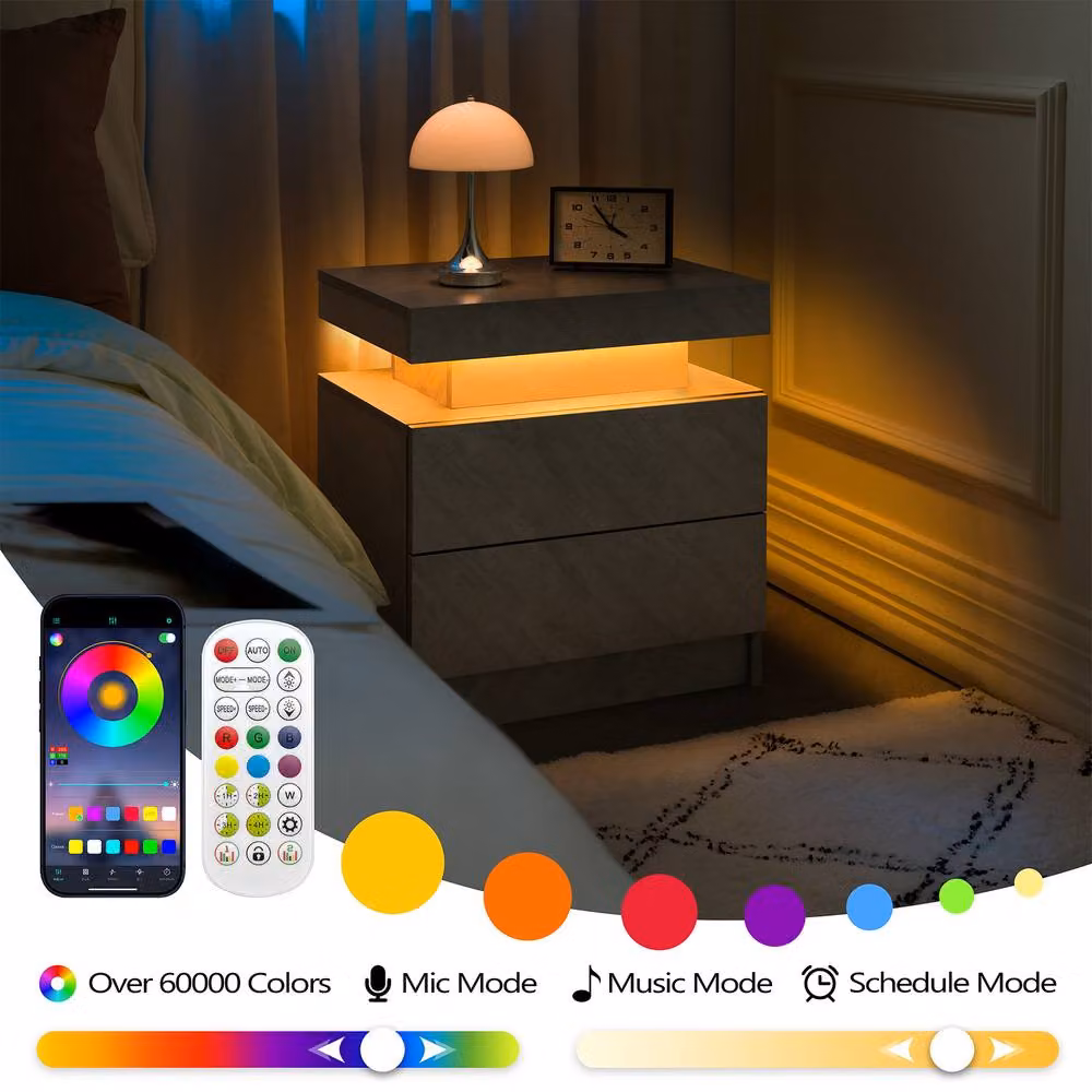 Direct Wicker Modern Grey Wicker Nightstand with Integrated LED Lighting and 2 Drawers – 3