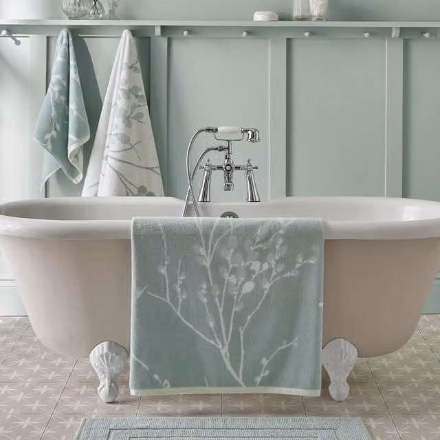 Laura Ashley Pussy Willow Fluffy Cotton Towel in Duckegg Blue and Green Floral Design