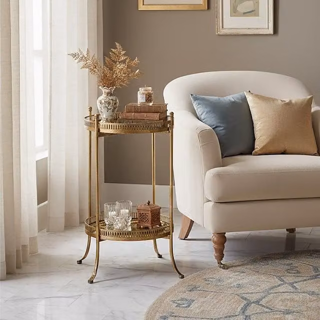 Interiors by Premier Modern Gold Round Glass and Metal Serving Tray Table