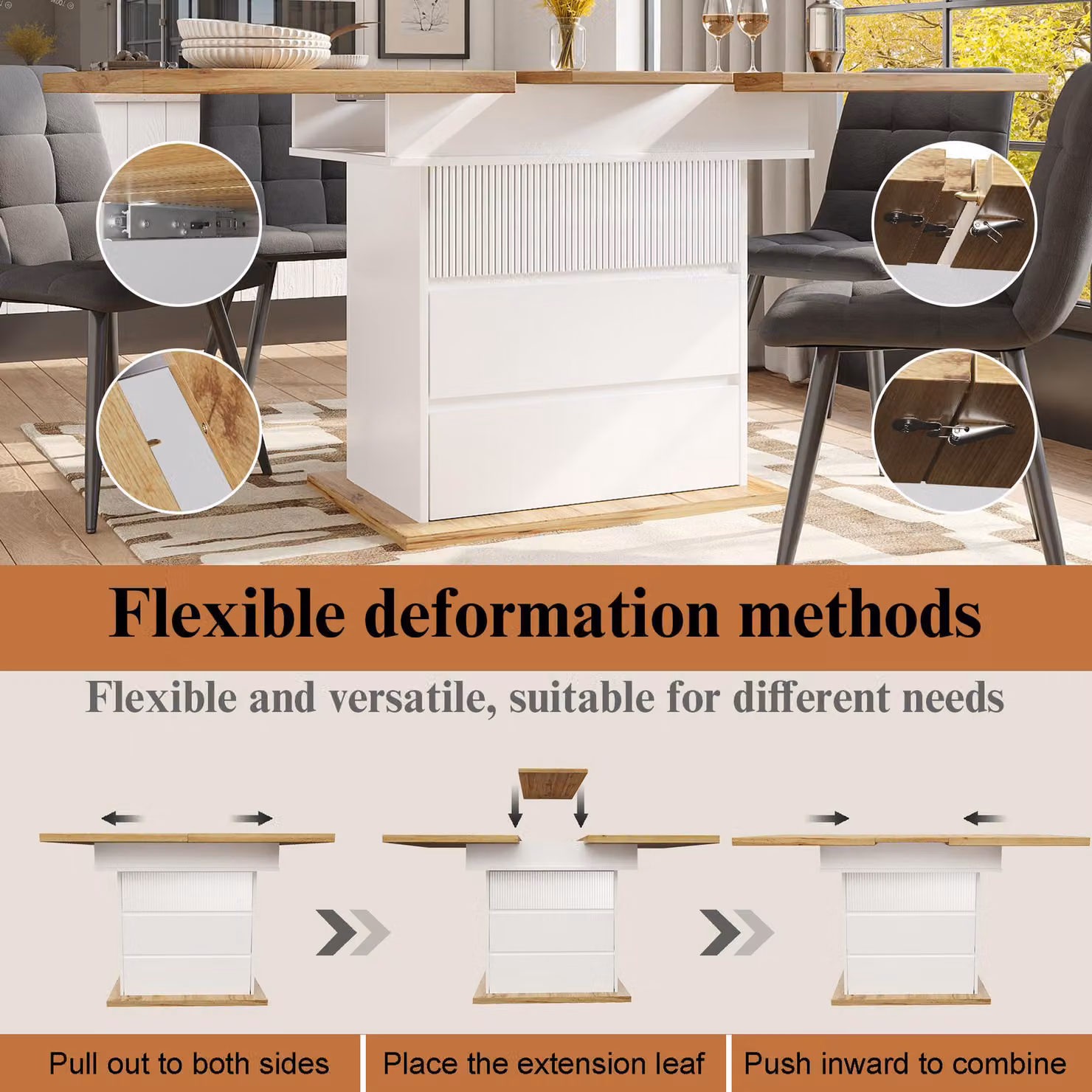 Aosom UK Modern Extendable Rectangular Dining Table with Hidden Storage and Magnetic Soft-Close, White, W: 80 cm, D: 140 cm, H: 75 cm – 3