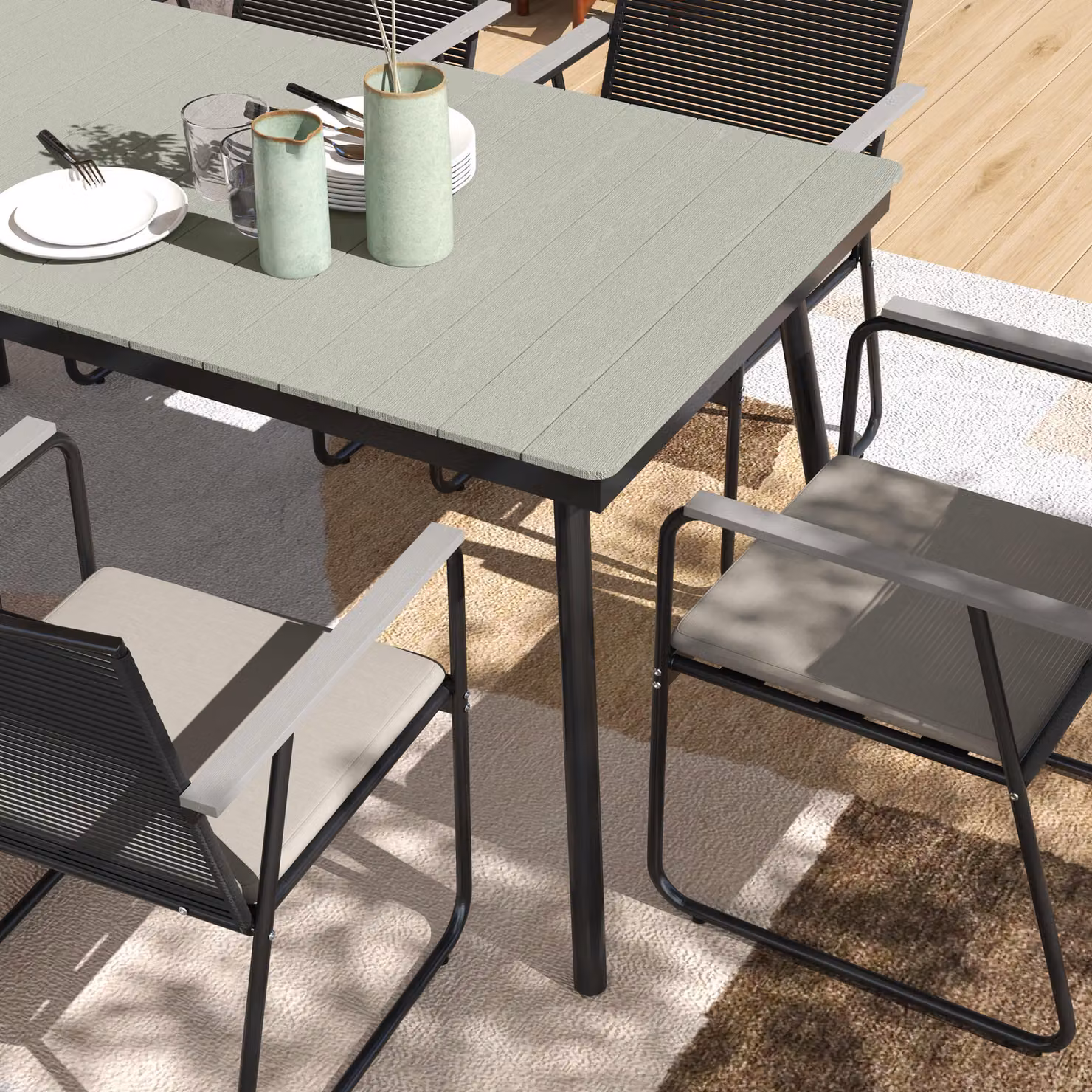 Outsunny 6 Seater Grey Rattan Garden Dining Set with Rectangular Composite Table and Soft Cushions – 7