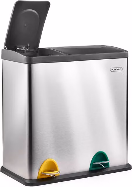 VonHaus Stainless Steel Pedal Kitchen Bin with Double Recycling Compartments and Removable Inner Buckets in Silver