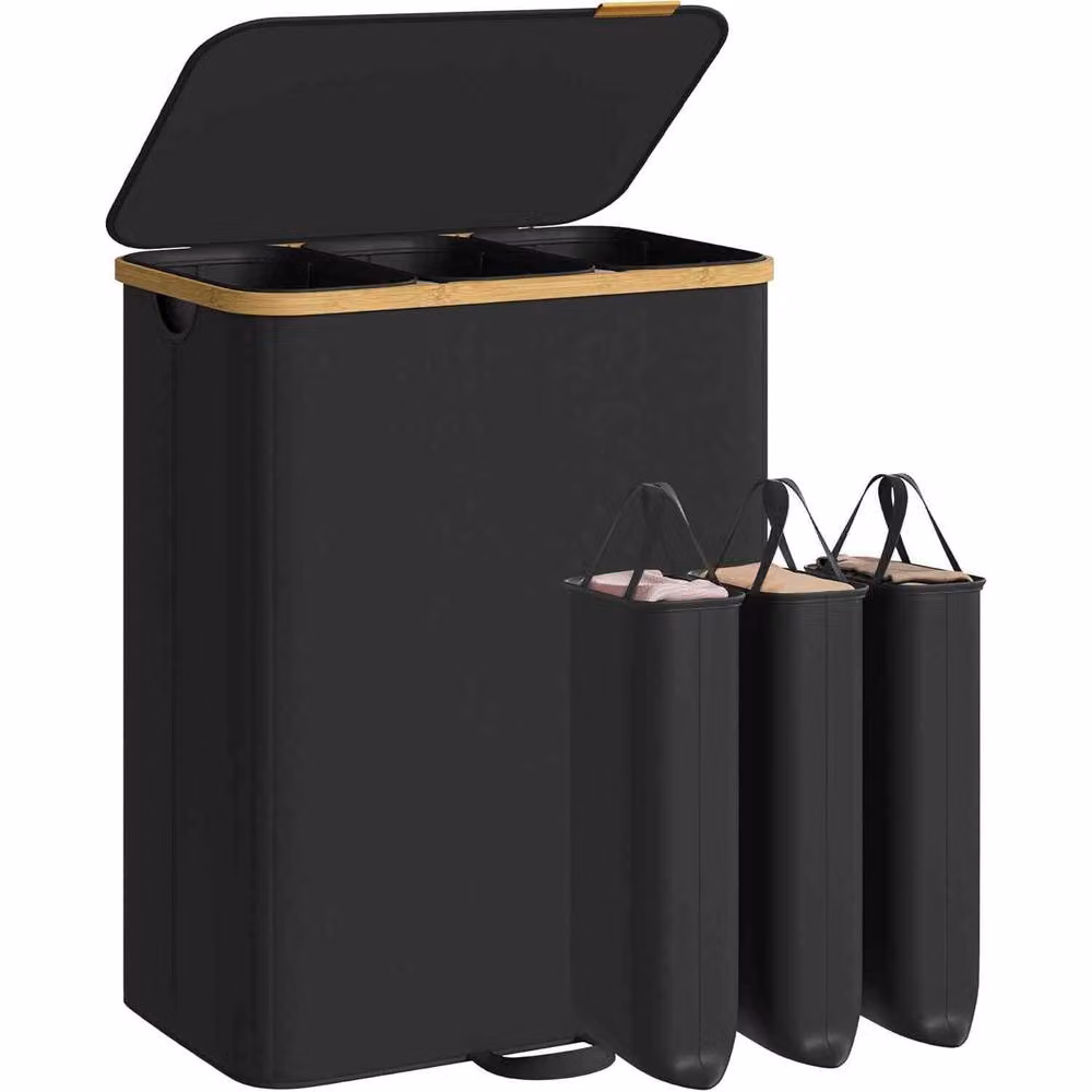 The Bazaarist 3 Compartment Laundry Hamper with Lid and Removable Bags in Black and Dark Grey – 2
