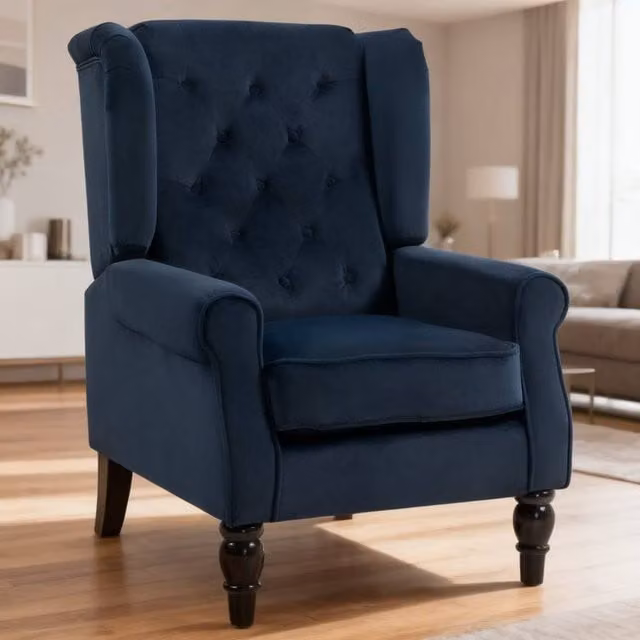 ERGOVEXA Retro Blue Velvet Wingback Accent Chair with Solid Wood Frame, H 86 cm x W 102 cm x D 74 cm