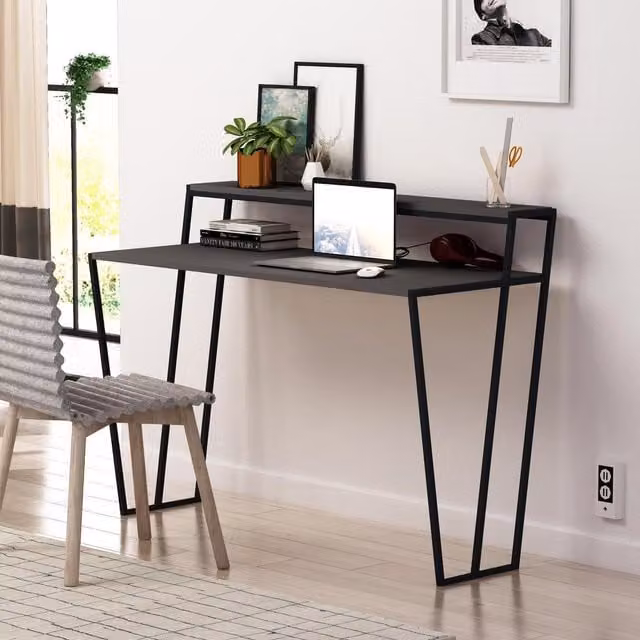 FWStyle Modern Computer Study Desk with Black Metal Frame in Anthracite Grey