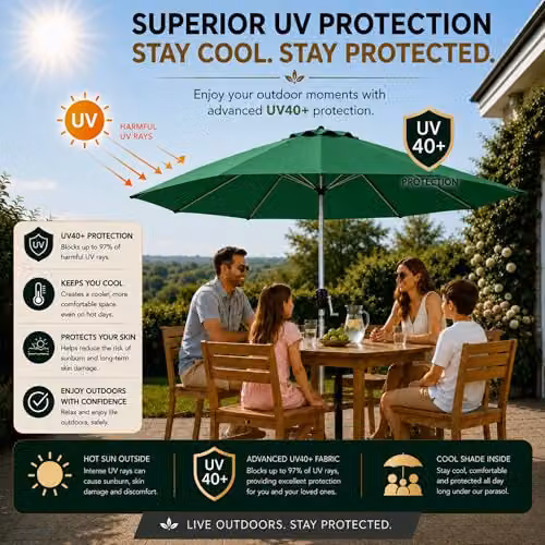 GlamHaus Green Garden Parasol with UV40+ Protection and Aluminium Frame, Diameter: 2.7 m – 4
