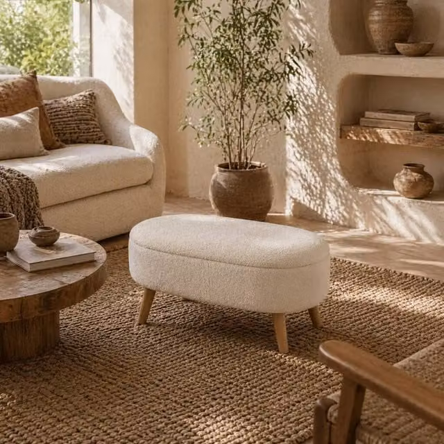 Wyld Haus Molasa Cream Boucle Teddy Fleece Storage Ottoman with Pine Wood Legs W/D/H: 45 x 41 x 41 cm – 1