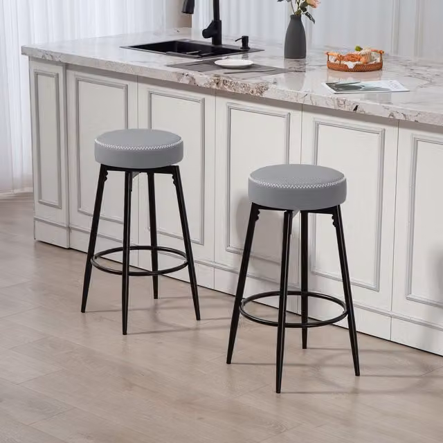 HOMCOM Set of 2 360 Degree Swivel Bar Stools in Grey Synthetic Leather with Footrest