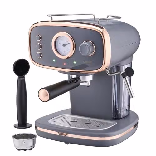 Cooks Professional 15-Bar Retro Espresso Coffee Machine with Steam Wand and 1.2L Removable Water Tank in Grey and Copper – 1